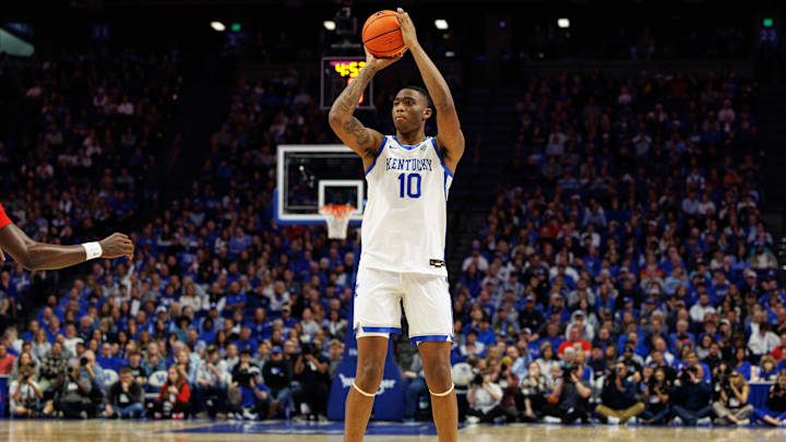 Nov 26, 2024; Lexington, Kentucky, USA; Kentucky Wildcats forward Brandon Garrison (10) shoots the ball during the second half against the Western Kentucky Hilltoppers at Rupp Arena at Central Bank Center. Mandatory Credit: Jordan Prather-Imagn Images