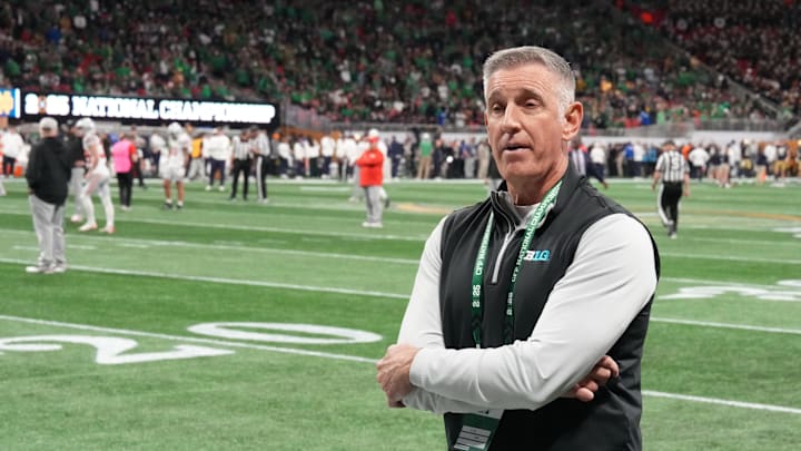 Jan 20, 2025; Atlanta, GA, USA; Big Ten commissioner Tony Petitti on the sidelines before the CFP National Championship college football game between the Notre Dame Fighting Irish and the Ohio State Buckeyes at Mercedes-Benz Stadium. Mandatory Credit: Kirby Lee-Imagn Images