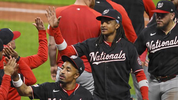 May 26, 2026; Cleveland, Ohio, USA; The Washington Nationals celebrate a win over the Cleveland Guardians at Progressive Field. Mandatory Credit: David Richard-Imagn Images