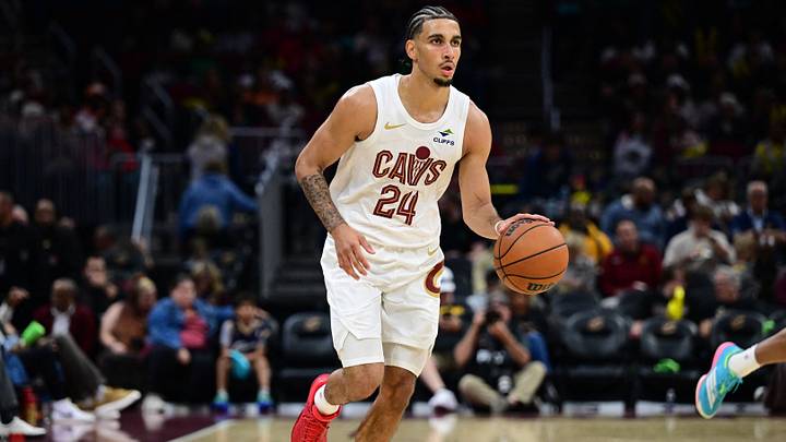 Oct 8, 2026; Cleveland, Ohio, USA;  Cleveland Cavaliers guard Tyrese Proctor (24) dribbles up court during the second half of a preseason game against the Boston Celtics at Rocket Arena.  Mandatory Credit: David Dermer-Imagn Images