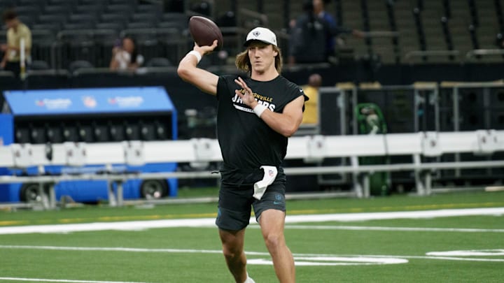 Aug 17, 2025; New Orleans, Louisiana, USA; Jacksonville Jaguars quarterback Trevor Lawrence (16) warms up against the New Orleans Saints at Caesars Superdome. Mandatory Credit: Matthew Hinton-Imagn Images