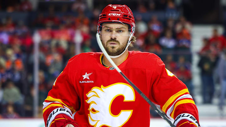 Nov 3, 2024; Calgary, Alberta, CAN; Calgary Flames defenseman Rasmus Andersson (4) skates during the first period against the Edmonton Oilers at Scotiabank Saddledome. Mandatory Credit: Sergei Belski-Imagn Images