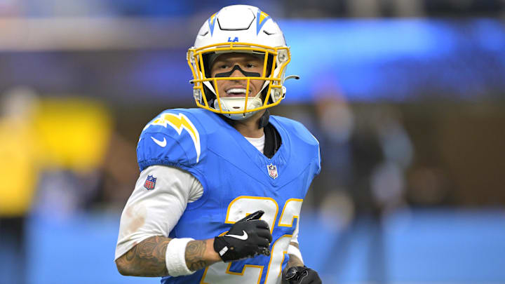 Los Angeles Chargers cornerback Elijah Molden celebrates after a fumble recovery in the first half against the Tampa Bay Buccaneers at SoFi Stadium. 