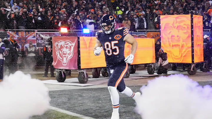 Jan 18, 2026; Chicago, IL, USA; Chicago Bears tight end Cole Kmet (85) runs onto the field during player introductions before an NFC Divisional Round game against the Los Angeles Rams at Soldier Field. Mandatory Credit: David Banks-Imagn Images