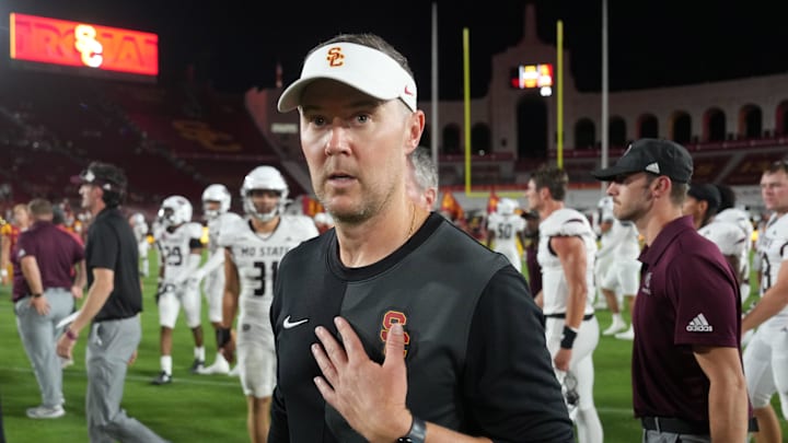 Aug 30, 2025; Los Angeles, California, USA; Southern California Trojans head coach Lincoln Riley reacts after the game against the Missouri State Bears at United Airlines Field at Los Angeles Memorial Coliseum. Mandatory Credit: Kirby Lee-Imagn Images Aug 30, 2025; Los Angeles, California, USA; Southern California Trojans head coach Lincoln Riley reacts after the game against the Missouri State Bears at United Airlines Field at Los Angeles Memorial Coliseum. Mandatory Credit: Kirby Lee-Imagn Images