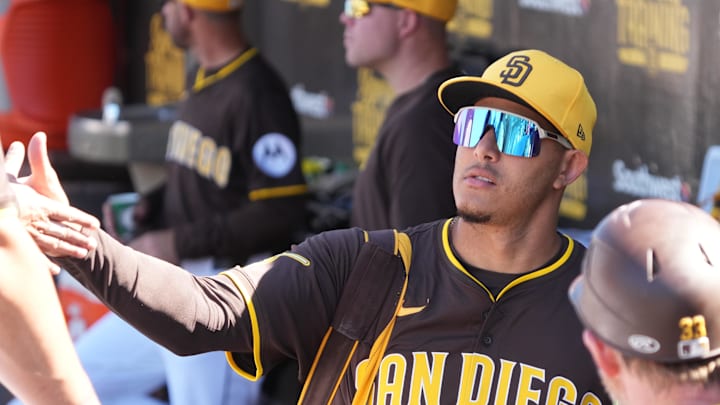 Feb 25, 2025; Peoria, Arizona, USA; San Diego Padres third base Manny Machado (13) gets ready for a game against the Los Angeles Angels at Peoria Sports Complex. Mandatory Credit: Rick Scuteri-Imagn Images