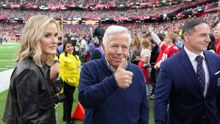 Feb 11, 2024; Paradise, Nevada, USA; New England Patriots owner Robert Kraft gives a thumbs up