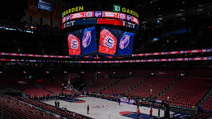 Jul 15, 2025; Boston, Massachusetts, USA; Wide view of TD Garden before the start of the game against the Connecticut Sun and Indiana Fever. Mandatory Credit: David Butler II-Imagn Images