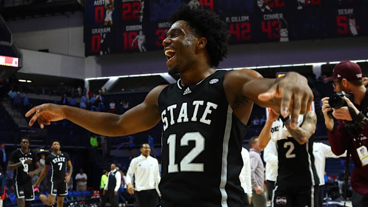 Feb 15, 2025; Oxford, Mississippi, USA; Mississippi State Bulldogs guard Josh Hubbard (12) reacts after defeating the Mississippi Rebels at The Sandy and John Black Pavilion at Ole Miss. Mandatory Credit: Petre Thomas-Imagn Images