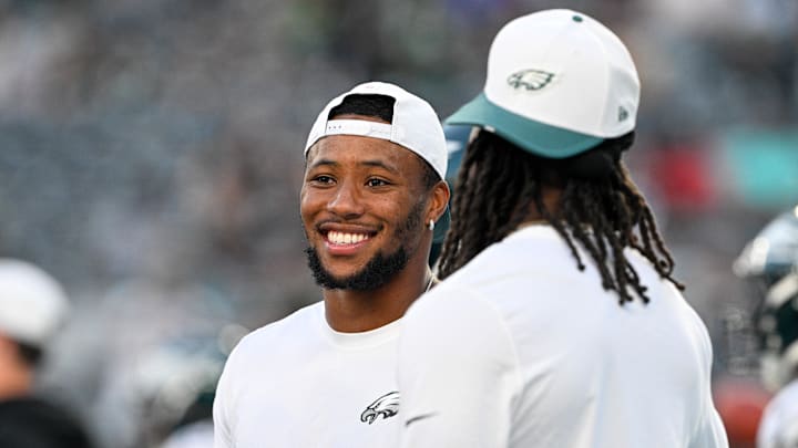 Aug 22, 2025; East Rutherford, New Jersey, USA; Philadelphia Eagles running back Saquon Barkley (26) looks on before the game against the New York Jets at MetLife Stadium. Mandatory Credit: Mark Smith-Imagn Images Aug 22, 2025; East Rutherford, New Jersey, USA; Philadelphia Eagles running back Saquon Barkley (26) looks on before the game against the New York Jets at MetLife Stadium. Mandatory Credit: Mark Smith-Imagn Images