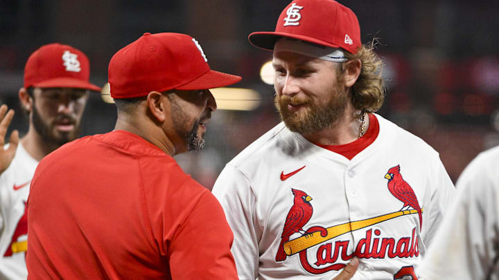 Aug 11, 2025; St. Louis, Missouri, USA;  St. Louis Cardinals second baseman Brendan Donovan (33) celebrates with manager Oliver Marmol (37) after the Cardinals defeated the Colorado Rockies at Busch Stadium. Mandatory Credit: Jeff Curry-Imagn Images