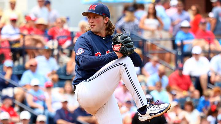 May 31, 2025; Oxford, MS, USA; Mississippi Rebels starting pitcher Hunter Elliott (26) pitches during the second inning against the Western Kentucky Hilltoppers. Mandatory Credit: Petre Thomas-Imagn Images