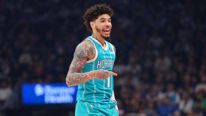 Mar 8, 2026; Phoenix, Arizona, USA; Charlotte Hornets guard LaMelo Ball (1) reacts after making a basket against the Phoenix Suns during the first half at Mortgage Matchup Center. Mandatory Credit: Joe Camporeale-Imagn Images