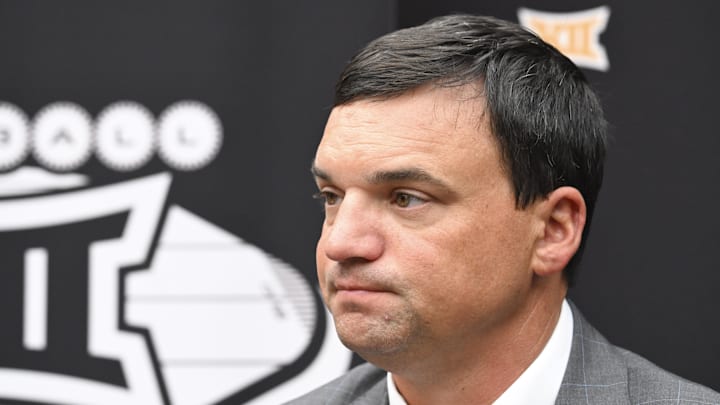 Jul 10, 2024; Las Vegas, NV, USA; West Virginia Mountaineers head coach Neal Brown speaks to the media during the Big 12 Media Days at Allegiant Stadium. Mandatory Credit: Candice Ward-Imagn Images