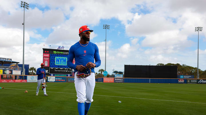 Feb 17, 2026; Port St. Lucie, FL, USA; New York Mets outfielder Luis Robert Jr. (88) looks on from the field during spring trining at Clover Park. Mandatory Credit: Sam Navarro-Imagn Images