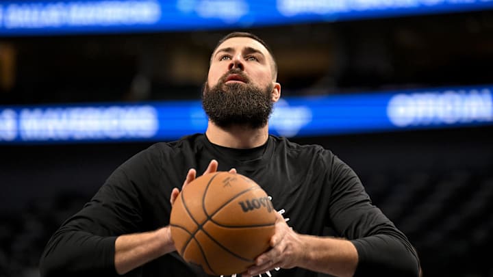 Jan 27, 2025; Dallas, Texas, USA; Washington Wizards center Jonas Valanciunas (17) warms up before the game against the Dallas Mavericks at the American Airlines Center. Mandatory Credit: Jerome Miron-Imagn Images