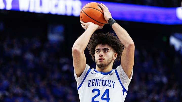 Feb 4, 2026; Lexington, Kentucky, USA; Kentucky Wildcats center Malachi Moreno (24) shoots a free throw during the second half against the Oklahoma Sooners at Rupp Arena at Central Bank Center. Mandatory Credit: Jordan Prather-Imagn Images