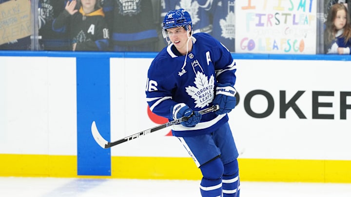 Apr 5, 2025; Toronto, Ontario, CAN; Toronto Maple Leafs right wing Mitch Marner (16) skates during the warmup before game against the Columbus Blue Jackets at Scotiabank Arena. Mandatory Credit: Nick Turchiaro-Imagn Images