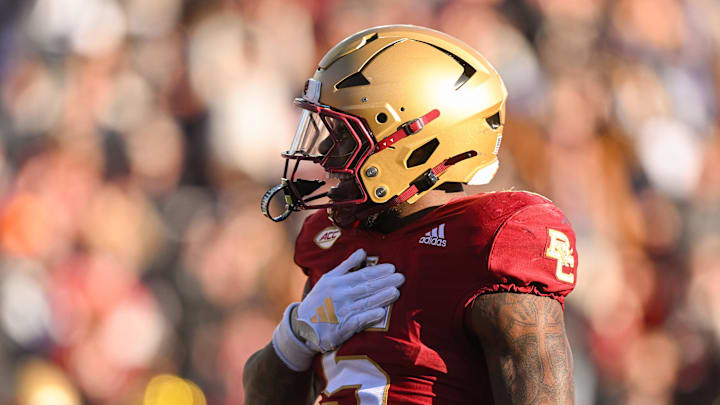 Nov 9, 2024; Chestnut Hill, Massachusetts, USA; Boston College Eagles running back Kye Robichaux (5) reacts after scoring a touchdown against the Syracuse Orange during the second half at Alumni Stadium. Mandatory Credit: Brian Fluharty-Imagn Images