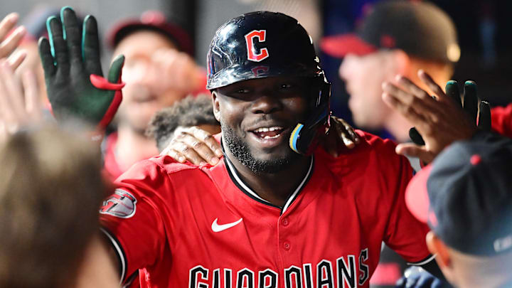 Sep 13, 2025; Cleveland, Ohio, USA; Cleveland Guardians pinch hitter Jhonkensy Noel (43) celebrates after hitting a home run against the Chicago White Sox during the eighth inning at Progressive Field. Mandatory Credit: Ken Blaze-Imagn Images Sep 13, 2025; Cleveland, Ohio, USA; Cleveland Guardians pinch hitter Jhonkensy Noel (43) celebrates after hitting a home run against the Chicago White Sox during the eighth inning at Progressive Field. Mandatory Credit: Ken Blaze-Imagn Images