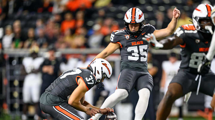 Sep 21, 2024; Corvallis, Oregon, USA; Oregon State Beavers place kicker Everett Hayes (35) kicks an extra point during the fourth quarter against the Purdue Boilermakers at Reser Stadium. Mandatory Credit: Craig Strobeck-Imagn Images Sep 21, 2024; Corvallis, Oregon, USA; Oregon State Beavers place kicker Everett Hayes (35) kicks an extra point during the fourth quarter against the Purdue Boilermakers at Reser Stadium. Mandatory Credit: Craig Strobeck-Imagn Images