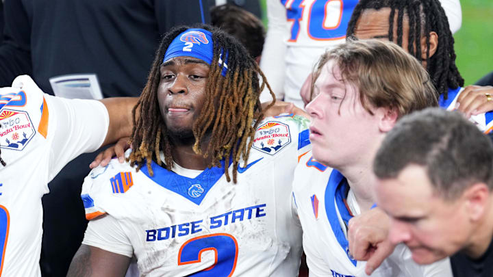 Dec 31, 2024; Glendale, AZ, USA;  Boise State Broncos running back Ashton Jeanty (2) reacts after the Fiesta Bowl at State Farm Stadium. Mandatory Credit: Joe Camporeale-Imagn Images