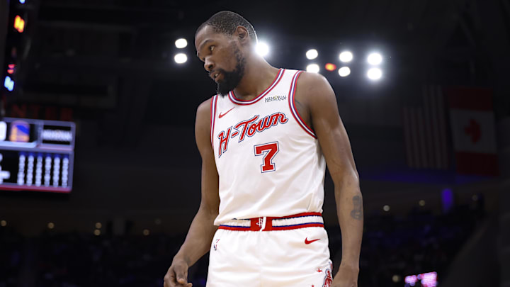 Mar 5, 2026; Houston, Texas, USA; Houston Rockets forward Kevin Durant (7) reacts after a play during the fourth quarter against the Golden State Warriors at Toyota Center. Mandatory Credit: Troy Taormina-Imagn Images