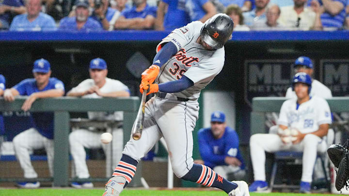 Sep 16, 2024; Kansas City, Missouri, USA; Detroit Tigers third baseman Zach McKinstry (39) hits a single against the Kansas City Royals in the eighth inning at Kauffman Stadium. Sep 16, 2024; Kansas City, Missouri, USA; Detroit Tigers third baseman Zach McKinstry (39) hits a single against the Kansas City Royals in the eighth inning at Kauffman Stadium.