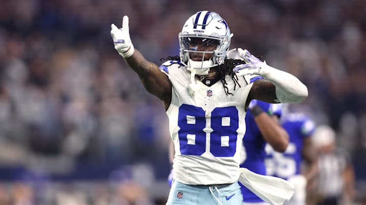 Nov 30, 2023; Arlington, Texas, USA; Dallas Cowboys wide receiver CeeDee Lamb (88) celebrates during the second half against the Seattle Seahawks at AT&T Stadium. Mandatory Credit: Tim Heitman-Imagn Images