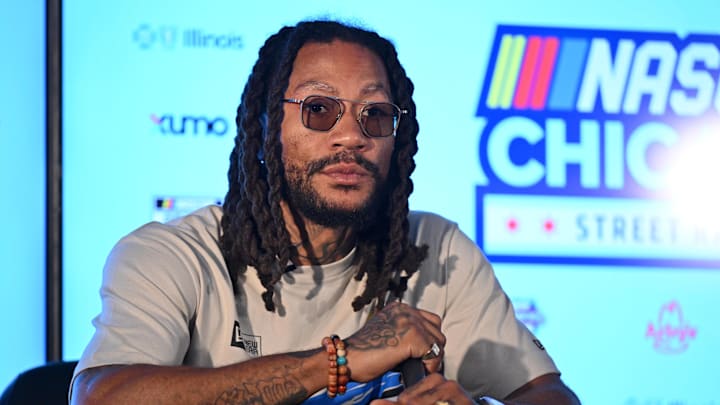 Derrick Rose, grand marshal for the Chicago Stret Race, speaks talks to the media before the Grant Park 165 at Chicago Street Race. Mandatory Credit: Daniel Bartel-Imagn Images