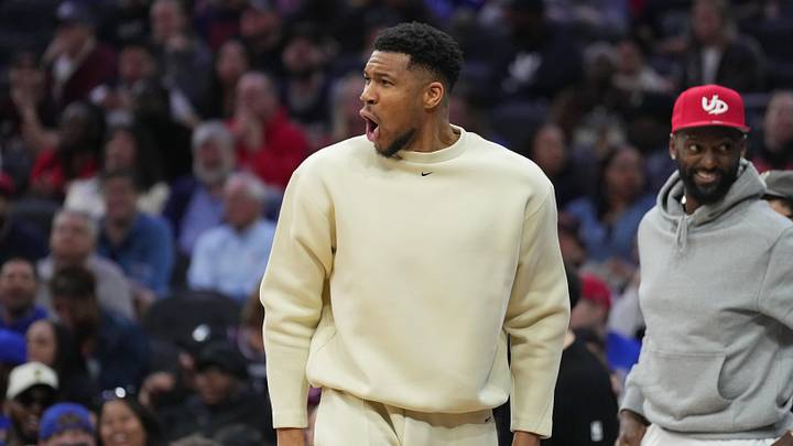 Apr 12, 2026; Philadelphia, Pennsylvania, USA; Milwaukee Bucks forward Giannis Antetokounmpo reacts during the game against the Philadelphia 76ers at Xfinity Mobile Arena. Mandatory Credit: Kyle Ross-Imagn Images Apr 12, 2026; Philadelphia, Pennsylvania, USA; Milwaukee Bucks forward Giannis Antetokounmpo reacts during the game against the Philadelphia 76ers at Xfinity Mobile Arena. Mandatory Credit: Kyle Ross-Imagn Images