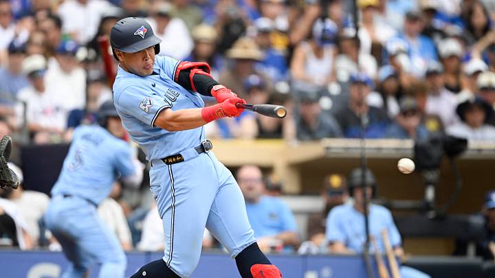 Third baseman Kazuma Okamoto hits a single during the eighth inning against the San Diego Padres Third baseman Kazuma Okamoto hits a single during the eighth inning against the San Diego Padres