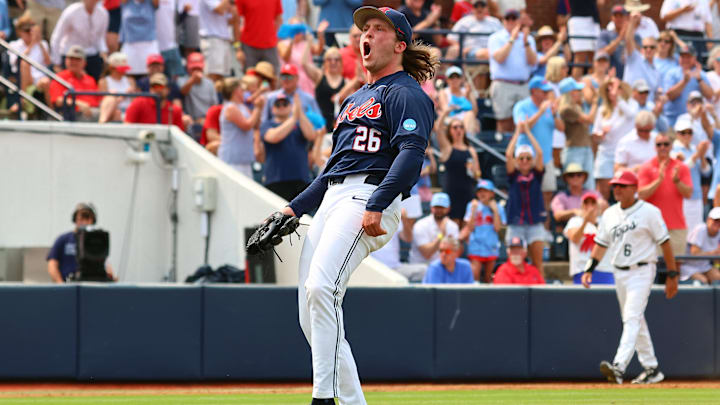 May 31, 2025; Oxford, MS, USA; Mississippi Rebels starting pitcher Hunter Elliott (26) reacts after a strike out to end the sixth inning against the Western Kentucky Hilltoppers. Mandatory Credit: Petre Thomas-Imagn Images