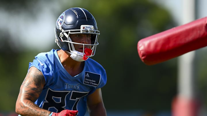 Jul 23, 2025; Nashville, TN, USA; Tennessee Titans wide receiver Xavier Restrepo (87) goes through drills during training camp at Ascension Saint Thomas Sports Park. Mandatory Credit: Steve Roberts-Imagn Images Jul 23, 2025; Nashville, TN, USA; Tennessee Titans wide receiver Xavier Restrepo (87) goes through drills during training camp at Ascension Saint Thomas Sports Park. Mandatory Credit: Steve Roberts-Imagn Images