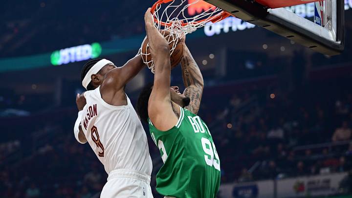 Oct 8, 2026; Cleveland, Ohio, USA; Boston Celtics guard Devin Carter (99) dunks against Cleveland Cavaliers guard Peyton Watson (8) during the first half of a preseason game at Rocket Arena. Mandatory Credit: David Dermer-Imagn Images Oct 8, 2026; Cleveland, Ohio, USA; Boston Celtics guard Devin Carter (99) dunks against Cleveland Cavaliers guard Peyton Watson (8) during the first half of a preseason game at Rocket Arena. Mandatory Credit: David Dermer-Imagn Images