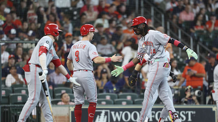 May 10, 2025; Houston, Texas, USA; Cincinnati Reds shortstop Elly De La Cruz (44) celebrates with teammates after hitting a home run during the first inning against the Houston Astros at Daikin Park. Mandatory Credit: Troy Taormina-Imagn Images