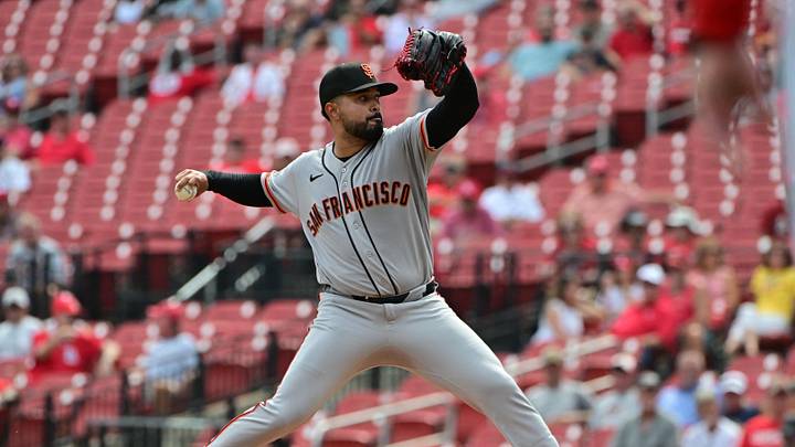 Sep 16, 2026; St. Louis, Missouri, USA;  San Francisco Giants pitcher Anthony Molina (45) pitches against the St. Louis Cardinals in the first inning at Busch Stadium.  Mandatory Credit: Tim Vizer-Imagn Images