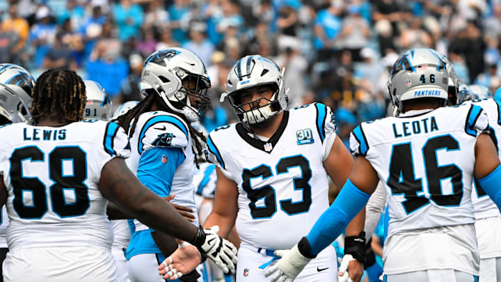Sep 15, 2024; Charlotte, North Carolina, USA; Carolina Panthers center Austin Corbett (63) before the game at Bank of America Stadium. Mandatory Credit: Bob Donnan-Imagn Images Sep 15, 2024; Charlotte, North Carolina, USA; Carolina Panthers center Austin Corbett (63) before the game at Bank of America Stadium. Mandatory Credit: Bob Donnan-Imagn Images
