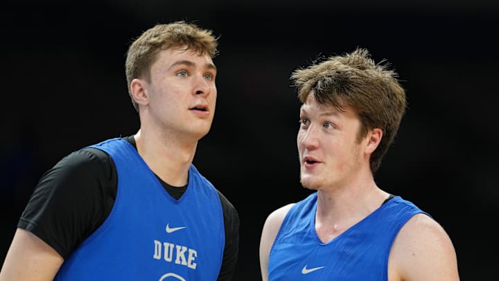 Apr 4, 2025; San Antonio, TX, USA; Duke Blue Devils guard Cooper Flagg (2) and guard Kon Knueppel (7) during a practice session for the Final Four of the 2025 NCAA tournament at Alamodome. Mandatory Credit: Bob Donnan-Imagn Images Apr 4, 2025; San Antonio, TX, USA; Duke Blue Devils guard Cooper Flagg (2) and guard Kon Knueppel (7) during a practice session for the Final Four of the 2025 NCAA tournament at Alamodome. Mandatory Credit: Bob Donnan-Imagn Images