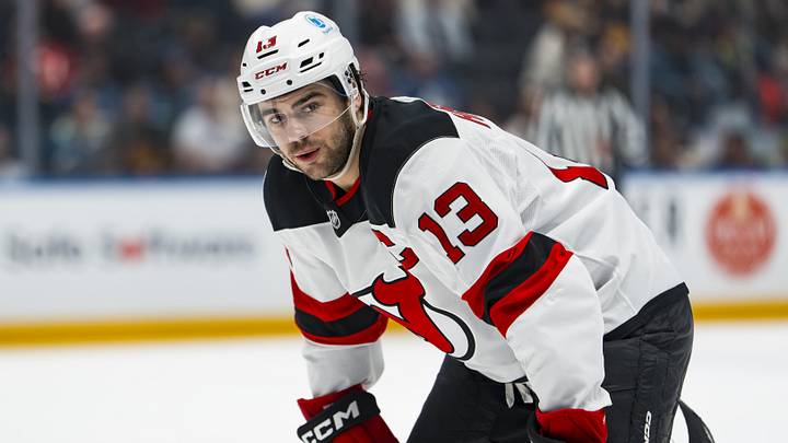Jan 23, 2026; Vancouver, British Columbia, CAN; New Jersey Devils forward Nico Hischier (13) looks on during a stop in play against the Vancouver Canucks in the first period at Rogers Arena. Mandatory Credit: Bob Frid-Imagn Images