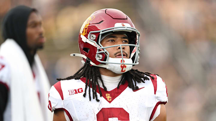 Sep 13, 2025; West Lafayette, Indiana, USA; Southern California Trojans wide receiver Makai Lemon (6) warms up before the game against the Purdue Boilermakers at Ross-Ade Stadium. Mandatory Credit: Marc Lebryk-Imagn Images