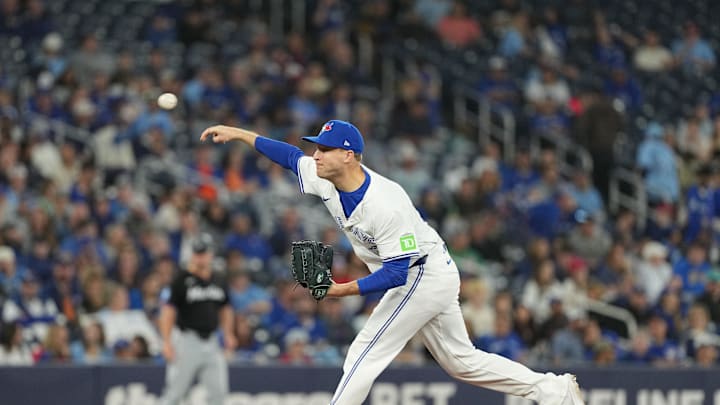 Toronto Blue Jays relief pitcher Brett de Geus (31) throws a pitch against the Miami Marlins during the seventh inning at Rogers Centre in 2024.