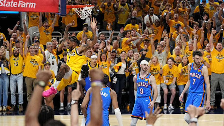 Jun 11, 2025; Indianapolis, Indiana, USA; Indiana Pacers forward Obi Toppin (1) dunks the ball against Oklahoma City Thunder forward Jalen Williams (8) in game three of the 2025 NBA Finals at Gainbridge Fieldhouse. Mandatory Credit: Kyle Terada-Imagn Images