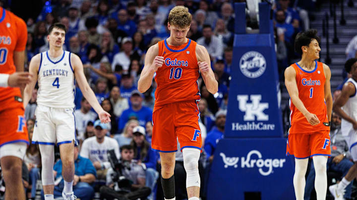 Mar 7, 2026; Lexington, Kentucky, USA; Florida Gators forward Thomas Haugh (10) celebrates during the second half against the Kentucky Wildcats at Rupp Arena at Central Bank Center. Mandatory Credit: Jordan Prather-Imagn Images