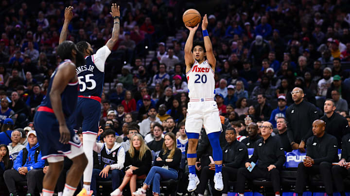 Nov 24, 2024; Philadelphia, Pennsylvania, USA; Philadelphia 76ers guard Jared McCain (20) shoots the ball against the Los Angeles Clippers in the second quarter at Wells Fargo Center. Mandatory Credit: Kyle Ross-Imagn Images