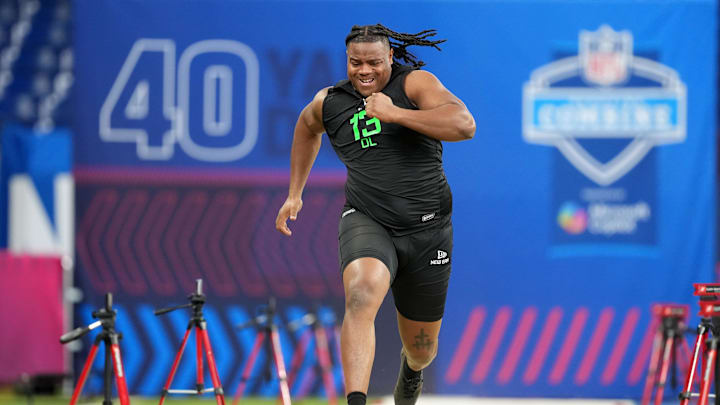 Mar 2, 2025; Indianapolis, IN, USA;Minnesota offensive lineman Airentae Ersery (OL13)  during the 2025 NFL Scouting Combine at Lucas Oil Stadium. Mandatory Credit: Kirby Lee-Imagn Images