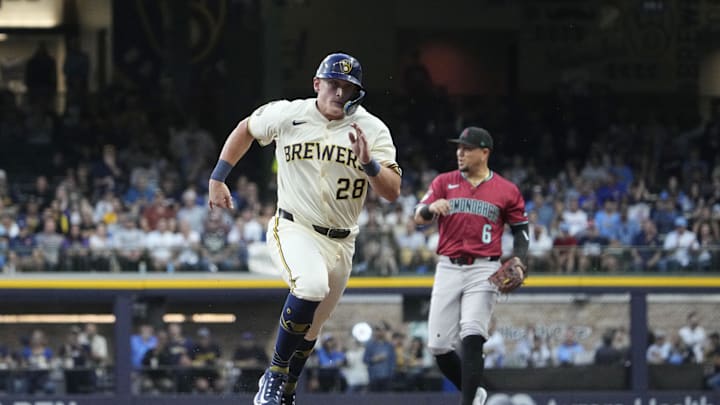 Aug 27, 2025; Milwaukee, Wisconsin, USA; Milwaukee Brewers first base Andrew Vaughn (28) runs safely to third base against the Arizona Diamondbacks in the second inning at American Family Field. Mandatory Credit: Michael McLoone-Imagn Images Aug 27, 2025; Milwaukee, Wisconsin, USA; Milwaukee Brewers first base Andrew Vaughn (28) runs safely to third base against the Arizona Diamondbacks in the second inning at American Family Field. Mandatory Credit: Michael McLoone-Imagn Images