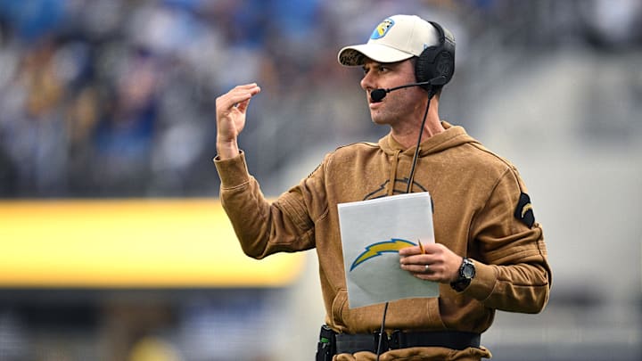 Nov 12, 2023; Inglewood, California, USA; Los Angeles Chargers head coach Brandon Staley gestures during the first half against the Detroit Lions at SoFi Stadium. Mandatory Credit: Orlando Ramirez-Imagn Images