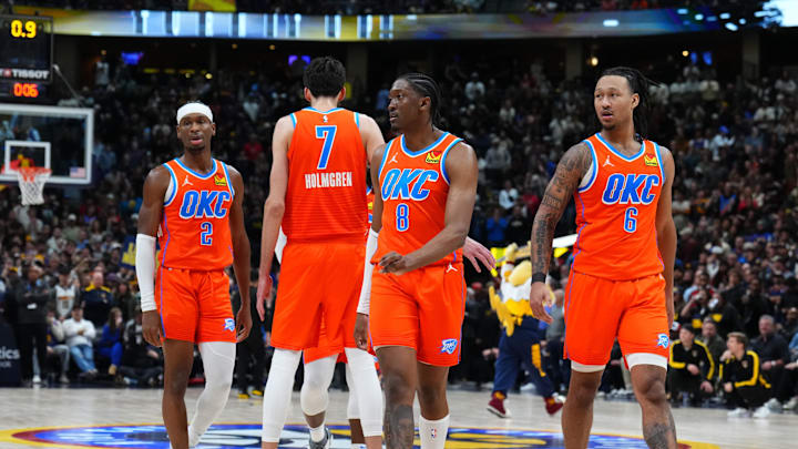 Dec 16, 2023; Denver, Colorado, USA; Oklahoma City Thunder guard Shai Gilgeous-Alexander (2) and