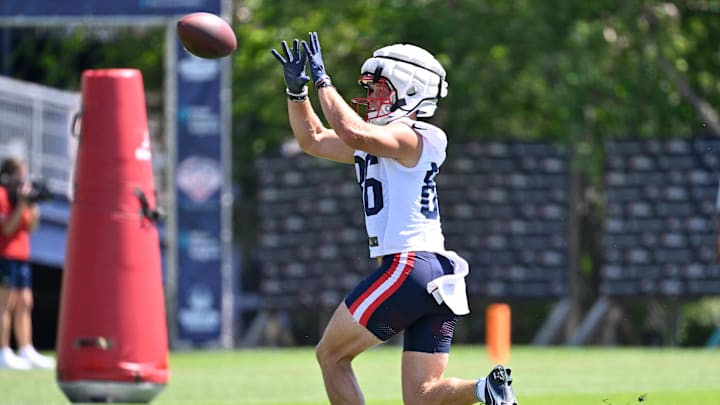 Jul 23, 2025; Foxborough, MA, USA; New England Patriots wide receiver Efton Chism III (86) makes a catch during training camp at Gillette Stadium. Mandatory Credit: Eric Canha-Imagn Images